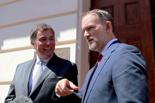 Canada-U.S. Trade Minister Dominic LeBlanc, left, and United States Trade Representative Jamieson Greer, speak to reporters in Washington, D.C., on Wednesday, Aug. 19, 2026, the day after the Trump administration temporarily delayed tariffs on Canada. THE CANADIAN PRESS/Kelly Geraldine Malone