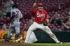 Cincinnati Reds first baseman Sal Stewart (27) reacts as St. Louis Cardinals' Masyn Winn (0) is out at first base after grounding out softly to pitcher Emilio Pagán in the ninth inning to win a baseball game between the Cincinnati Reds and the St. Louis Cardinals, Wednesday, Aug. 19, 2026, in Cincinnati. (AP Photo/Carolyn Kaster)