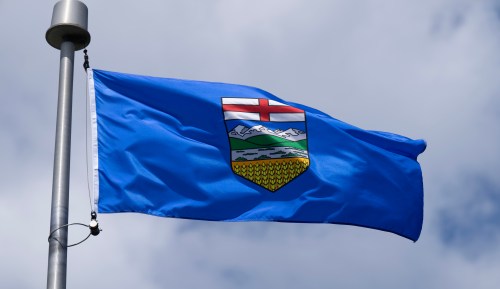 The Alberta flag flies on a flagpole in Ottawa on Thursday, July 23, 2026. THE CANADIAN PRESS/Adrian Wyld