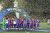 PSG's players lift the trophy during celebrations at the end of the UEFA Super Cup soccer match between Paris Saint-Germain and Aston Villa in Salzburg, Austria, Wednesday, Aug.12, 2026. (AP Photo/Heinz-Peter Bader)