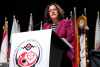 Crown-Indigenous Relations Minister Rebecca Alty delivers remarks at the Assembly of First Nations annual meeting in Ottawa on Thursday, July 16, 2026. THE CANADIAN PRESS/Justin Tang