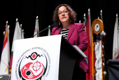 Crown-Indigenous Relations Minister Rebecca Alty delivers remarks at the Assembly of First Nations annual meeting in Ottawa on Thursday, July 16, 2026. THE CANADIAN PRESS/Justin Tang