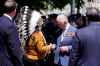 Chief Tammy Cook-Searson of Lac La Ronge Indian Band gives the King a letter asking for a meeting with Treaty Nations of Saskatchewan, as he prepares to depart Ottawa during a royal visit, on Tuesday, May 27, 2025. THE CANADIAN PRESS/Justin Tang