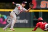 Cincinnati Reds Elly De La Cruz, right, steals second base as St. Louis Cardinals second baseman JJ Wetherholt, left, takes the throw during the eighth inning of a baseball game, Thursday, Aug. 20, 2026, in Cincinnati. (AP Photo/Carolyn Kaster)