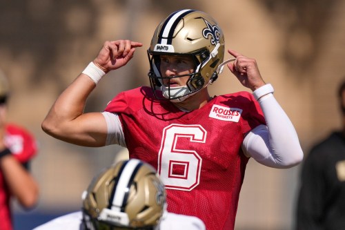 New Orleans Saints quarterback Tyler Shough gestures during an NFL football joint practice against the Dallas Cowboys, Tuesday, Aug. 18, 2026, in Oxnard, Calif. (AP Photo/Mark J. Terrill)
