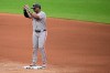 San Francisco Giants Rafael Devers celebrates after hitting a double during the fourth inning of a baseball game against the Cleveland Guardians, Wednesday, Aug. 19, 2026, in Cleveland. (AP Photo/David Dermer)