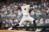 New York Yankees' Cam Schlittler pitches dfirst inning of a baseball game against the Toronto Blue Jays Friday, Aug. 21, 2026, in New York. (AP Photo/Frank Franklin II)