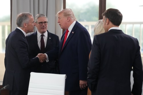 From left, Canadian Prime Minister Mark Carney, British Prime Minister Keir Starmer, U.S. President Donald Trump and French President Emmanuel Macron during a working session at the G7 summit in Evian-les-Bains, France, Tuesday, June 16, 2026. (AP Photo/Thibault Camus, Pool)