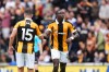 Hull City's Nobel Mendy, right, celebrates scoring during the English Premier League soccer match between Hull City and Manchester United in Kingston upon Hull, England, Saturday Aug. 22, 2026. (Annabel Lee-Ellis/PA via AP)