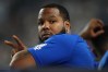Toronto Blue Jays Vladimir Guerrero Jr. gestures to fans during the ninth inning of a baseball game against the New York Yankees Friday, Aug. 21, 2026, in New York. (AP Photo/Frank Franklin II)