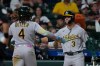 Athletics' Lawrence Butler (4) is congratulated by Max Muncy (3) after scoring during the eighth inning of a baseball game against the Houston Astros, Saturday, Aug. 22, 2026, in Houston. (AP Photo/Kevin M. Cox)
