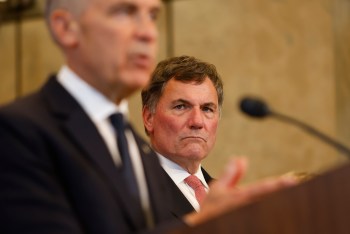 Canada-U.S. Trade Minister Dominic LeBlanc listens as Prime Minister Mark Carney speaks about Canada's response to new U.S. tariffs during a news conference on Parliament Hill in Ottawa on Saturday, Aug. 22, 2026. THE CANADIAN PRESS/Patrick Doyle