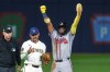 Atlanta Braves' Ronald Acuña Jr., right, celebrates next to Milwaukee Brewers shortstop Joey Ortiz (3) after stealing second base during the fifth inning of the Little League Classic baseball game in Williamsport, Pa., Sunday, Aug. 23, 2026. (AP Photo/Gene J. Puskar)