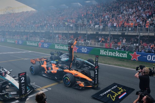 McLaren driver Lando Norris of Britain reacts after winning the Formula One Dutch Grand Prix in Zandvoort , Netherlands, Sunday, Aug. 23, 2026. (AP Photo/Patrick Post)