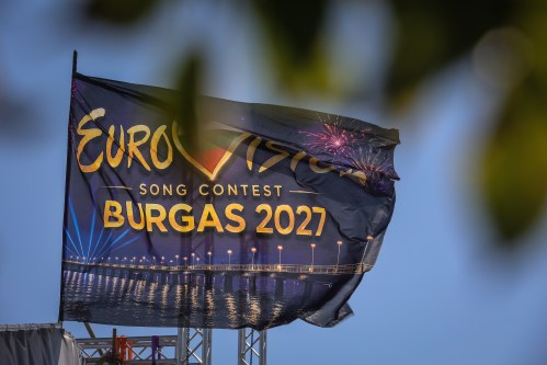 An Eurovision flag flies at the port of Burgas, on Bulgaria's Black Sea coast, which will host the 71st Eurovision Song Contest in 2027, Friday, Aug. 14, 2026. (AP Photo/Valentina Petrova)