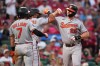 Baltimore Orioles' Pete Alonso (25) is congratulated by teammates Leody Taveras and Jackson Holliday (7) after hitting a three-run home run during the third inning of a baseball game against the St. Louis Cardinals Tuesday, Aug. 25, 2026, in St. Louis. (AP Photo/Jeff Roberson)