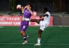 Pacific FC's Matteo Schiavoni, left, and Vancouver FC's Emrick Fotsing vie for the ball during first half Canadian Championship preliminary round soccer action in Langford, B.C., on Tuesday, May 6, 2025. THE CANADIAN PRESS/Chad Hipolito
