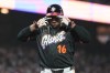 San Francisco Giants' Rafael Devers, gestures after hitting a home run against the Cincinnati Reds during the fifth inning of a baseball game Tuesday, Aug. 25, 2026, in San Francisco. (AP Photo/Tony Avelar)
