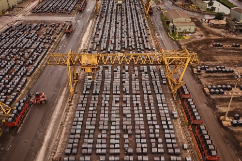 Rolled coils of steel sit in the yard at the ArcelorMittal Dofasco steel plant in Hamilton, Ont. on Thursday, August 20, 2026. THE CANADIAN PRESS/Nick Iwanyshyn