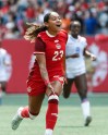Canada's Olivia Smith (23) celebrates the goal against Haiti during second half soccer action in Winnipeg, Saturday, May 31, 2025. THE CANADIAN PRESS/John Woods