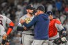 Houston Astros pitcher Bennett Sousa (62) receives a mound visit after New York Yankees left fielder Cody Bellinger hit an RBI double during the seventh inning of a baseball game against the New York Yankees Wednesday, Aug. 26, 2026, in New York. (AP Photo/Ryan Murphy)