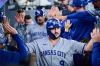 Kansas City Royals slugger Vinnie Pasquantino (9) celebrates with his team after hitting a two-run home run against the Blue Jays in a Major League Baseball game in Toronto on Aug. 27, 2026. THE CANADIAN PRESS/Sammy Kogan