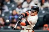 San Francisco Giants' Drew Gilbert (0) hits a solo home run against Arizona Diamondbacks’ Jose Cabrera (53) in the first inning of a baseball game at Oracle Park in San Francisco on Thursday, Aug. 27, 2026.(Carlos Avila Gonzalez/San Francisco Chronicle via AP)
