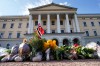 Flowers are left at Slottsplassen after officials said Norwegian King Harald V was in “very serious condition” as his health deteriorated, Thursday, Aug. 27, 2026, in Oslo. (Cornelius Poppe /NTB Scanpix via AP)