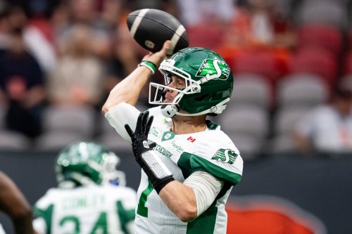 Saskatchewan Roughriders quarterback Trevor Harris (7) throw the ball during the first half of a CFL football game against the BC Lions in Vancouver on Sunday, Aug. 23, 2026. THE CANADIAN PRESS/Ethan Cairns