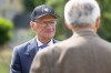 The 2020 Canadian Baseball Hall of Fame inductee Jacques Doucet, left, shares a moment with 2023 inductee Joe Wiwchar in St. Marys, Ont., on Saturday, June 17, 2023. THE CANADIAN PRESS/Nicole Osborne.