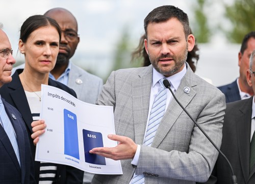Parti Québécois Leader Paul St-Pierre Plamondon speaks during an election campaign stop outside the site of the cancelled Northvolt plant in McMasterville, Que., on Friday, Aug. 28, 2026. Quebecers will vote in a provincial election on Oct. 5, 2026. THE CANADIAN PRESS/Graham Hughes