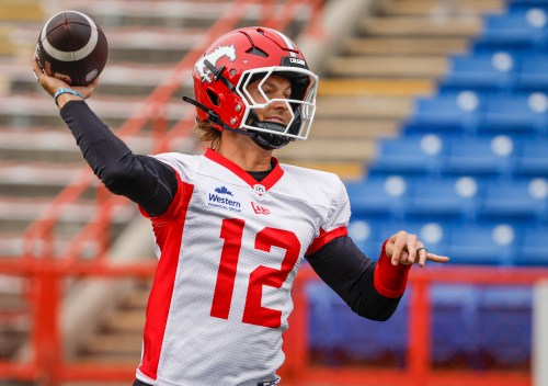 Calgary Stampeders quarterback Josh Love throes the ball during opening day of training camp in Calgary, Sunday, May 10, 2026.THE CANADIAN PRESS/Jeff McIntosh