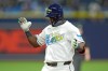 Tampa Bay Rays' Jorge Mateo celebrates his single off San Diego Padres pitcher Griffin Canning during the seventh inning of a baseball game Friday, Aug. 28, 2026, in St. Petersburg, Fla. (AP Photo/Chris O'Meara)