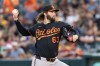Baltimore Orioles pitcher Brandon Young throws to the Athletics during the second inning of a baseball game Friday, Aug. 28, 2026, in West Sacramento, Calif. (AP Photo/Sara Nevis)
