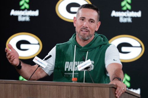 Green Bay Packers head coach Matt LaFleur talks after a preseason NFL football game against the Arizona Cardinals Friday, Aug. 28, 2026, in Green Bay, Wis. (AP Photo/Matt Ludtke)