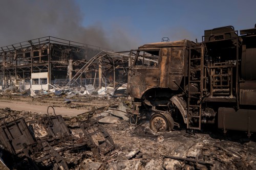 A view of the damage after a Russian attack struck a warehouse, followed by an explosion, in the village of Myla, Kyiv region, Ukraine, Saturday, Aug. 29, 2026. (AP Photo/Dan Bashakov)