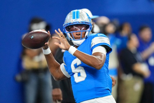 Detroit Lions quarterback Josh Dobbs (6) throws before a preseason NFL football game against the Indianapolis Colts in Indianapolis, Saturday, Aug. 29, 2026. (AP Photo/AJ Mast)