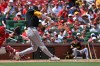 Pittsburgh Pirates' Jacob Gonzalez hits an RBI single during the fourth inning of a baseball game against the St. Louis Cardinals, Saturday, Aug. 29, 2026, in St. Louis. (AP Photo/Jeff Le)