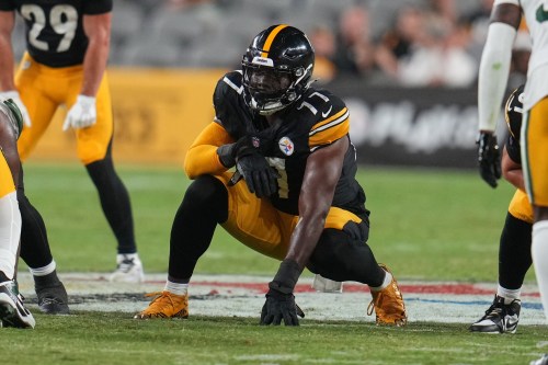 FILE - Pittsburgh Steelers offensive lineman Broderick Jones (77) lines up during an NFL exhibition football game against the Green Bay Packers in Pittsburgh Thursday, Aug. 13, 2026. (AP Photo/Gene J. Puskar, File)