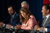 Alberta Premier Danielle Smith speaks to reporters with fellow premiers at a press conference closing the Council of the Federation meetings in Charlottetown on Wednesday July 22, 2026. THE CANADIAN PRESS/Darren Calabrese