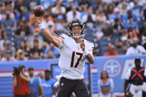 Chicago Bears quarterback Tyson Bagent attempts a pass against the Tennessee Titans during the first half of a preseason NFL football game, Saturday, Aug. 29, 2026, in Nashville, Tenn. (AP Photo/John Amis)