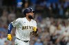 Milwaukee Brewers' Jackson Chourio rounds the bases after hitting a solo home run during the first inning of a baseball game against the Texas Rangers, Saturday, Aug. 29, 2026, in Milwaukee. (AP Photo/Aaron Gash)