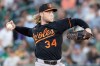 Baltimore Orioles pitcher Shane Baz throws to the Athletics during the second inning of a baseball game Saturday, Aug. 29, 2026, in West Sacramento, Calif. (AP Photo/Sara Nevis)