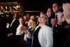 Leaders of the No campaign react as early results from rural Iceland put the No side ahead during an election-night gathering in Reykjavik, Iceland, Saturday, Aug. 29, 2026. (AP Photo/Marco Di Marco)