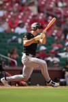 Pittsburgh Pirates' Bryan Reynolds singles during the ninth inning of a baseball game against the St. Louis Cardinals Sunday, Aug. 30, 2026, in St. Louis. (AP Photo/Jeff Roberson)