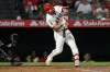 Los Angeles Angels' Mike Trout hits a two-run single against the New York Yankees in the fourth inning of a baseball game Monday, Aug. 31, 2026, in Anaheim, Calif. (AP Photo/Wally Skalij)