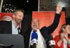 Liberal MP-elect Daniel Gobeil, right, reacts to winning in the byelection in the riding of Chicoutimi-Le Fjord in Saguenay, Monday, Aug. 31, 2026. Minister of Public Works and Procurement Joel Lightbound looks on. THE CANADIAN PRESS/Jacques Boissinot