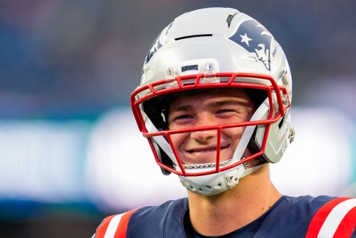 New England Patriots quarterback Drake Maye smiles prior to an NFL preseason football game against the Philadelphia Eagles, Saturday, Aug. 22, 2026, in Foxborough, Mass. (AP Photo/Robert F. Bukaty)