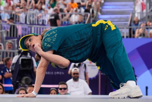 FILE - Australia's Rachael Gunn, known as B-Girl Raygun, competes during the Round Robin Battle at the breaking competition at La Concorde Urban Park at the 2024 Summer Olympics, on Aug. 9, 2024, in Paris, France. (AP Photo/Frank Franklin, File)