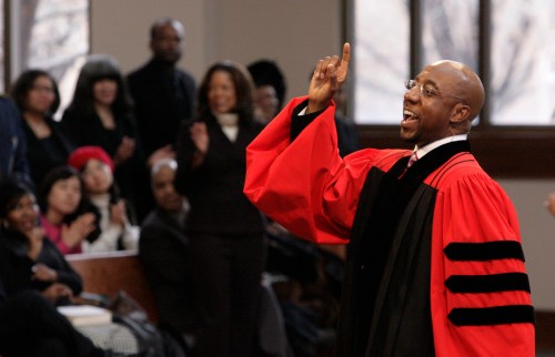 FILE - The Rev. Raphael Warnock delivers a sermon during a church service at Ebenezer Baptist Church in Atlanta on Sunday Jan. 18, 2009. (AP Photo/John Amis, File)